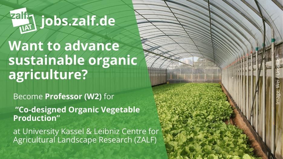 Want to advance sustainable organic
agriculture?
Become Professor (W2) for “Co-designed Organic Vegetable
Production” at University Kassel & Leibniz Centre for Agricultural Landscape Research (ZALF)

jobs.zalf.de

Copyright: Wei / Unsplash