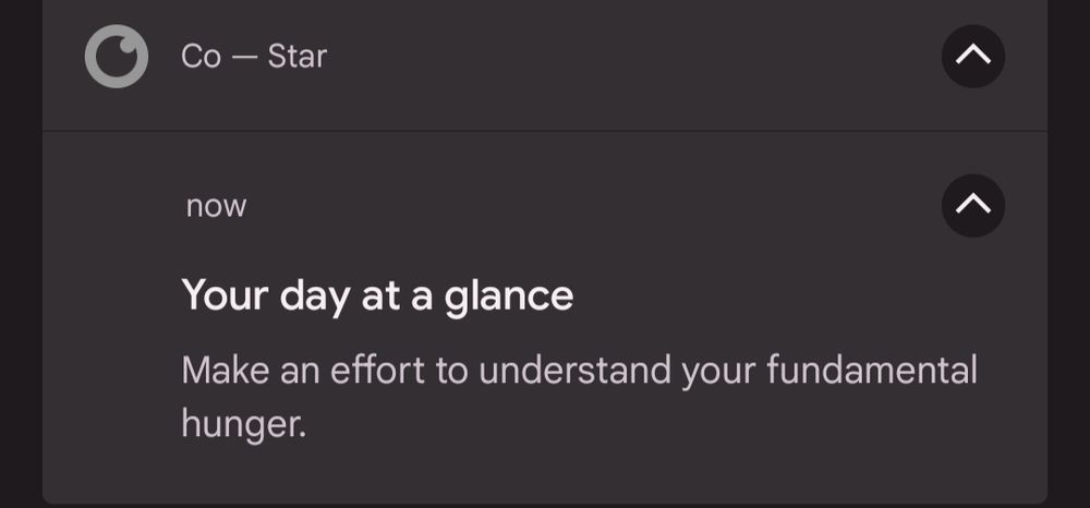 A screenshot of an android notification from an astrology app called "Co - Star." The notification has a header that reads, "Your day at a glance," followed by the main body which reads, Make an effort to understand your fundamental hunger."
