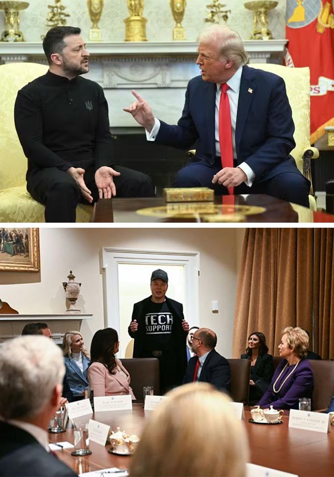 Two photos: One shows Zelenskyy in a black quarter zip at the White House meeting, the other shows Elon Musk in a black graphic t-shirt, black topcoat, and black ball cap, also meeting with the Trump cabinet.