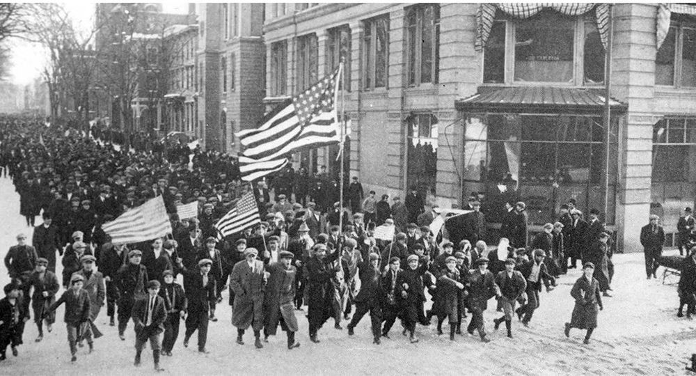 A photo of the 1912 Lawrence textile strike, where people from 51 different nationalities, most of them immigrants, banded together to demand better wages. 