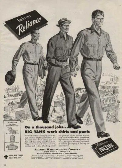 A old ad from the clothing brand Big Yank. There are drawings of three men wearing chambray shirts. 