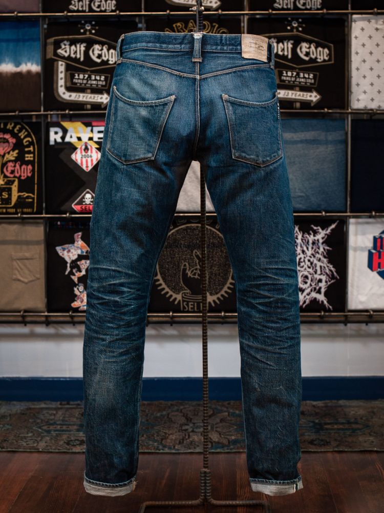 Stevenson Overall Co jeans. They've been faded through natural wear