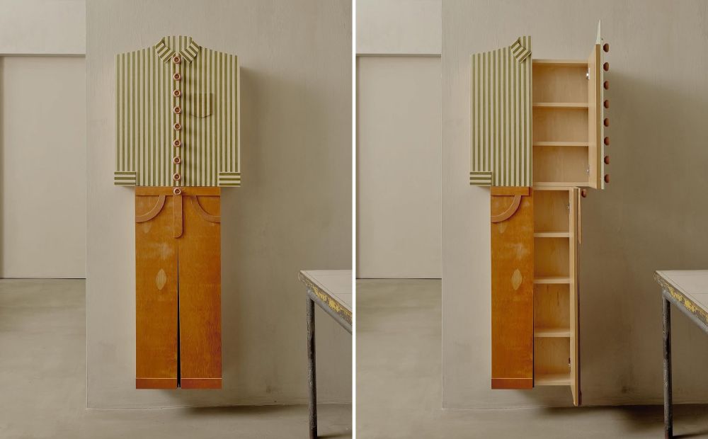 A cabinet shaped like a green striped button-up shirt with brown pants. 