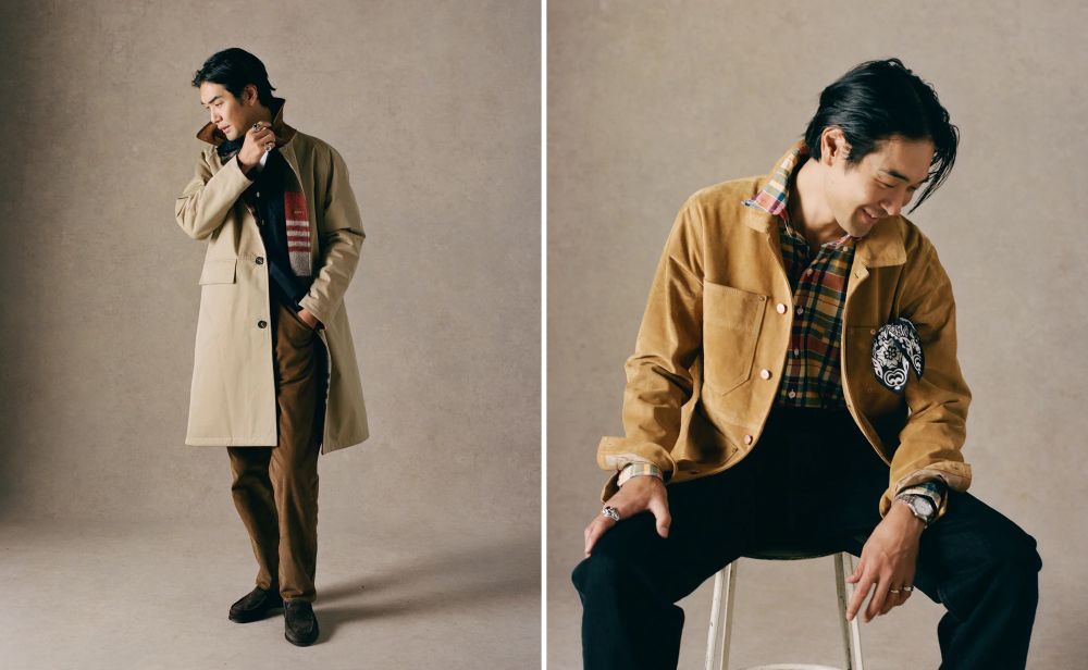 Two photos. The first shows a man in a tan single-breasted raincoat and brown trousers. The second shows a man in tan suede chore coat, multi-colored checked shirt (madras?) and black jeans. 
