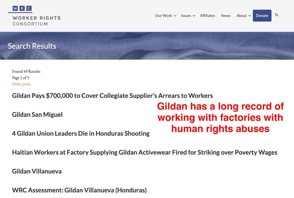 A page from the Worker Right's Consortium shows a list of complaints about Gildan's factories. Abuses include poverty wages, wage theft, and shootings. 