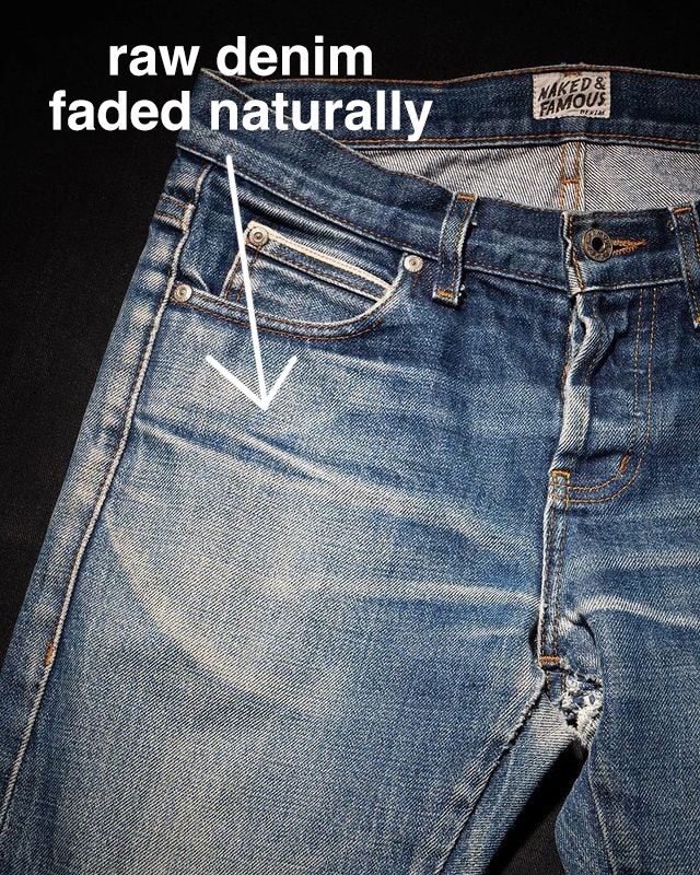 Some naturally faded Naked & Famous jeans made from raw denim.