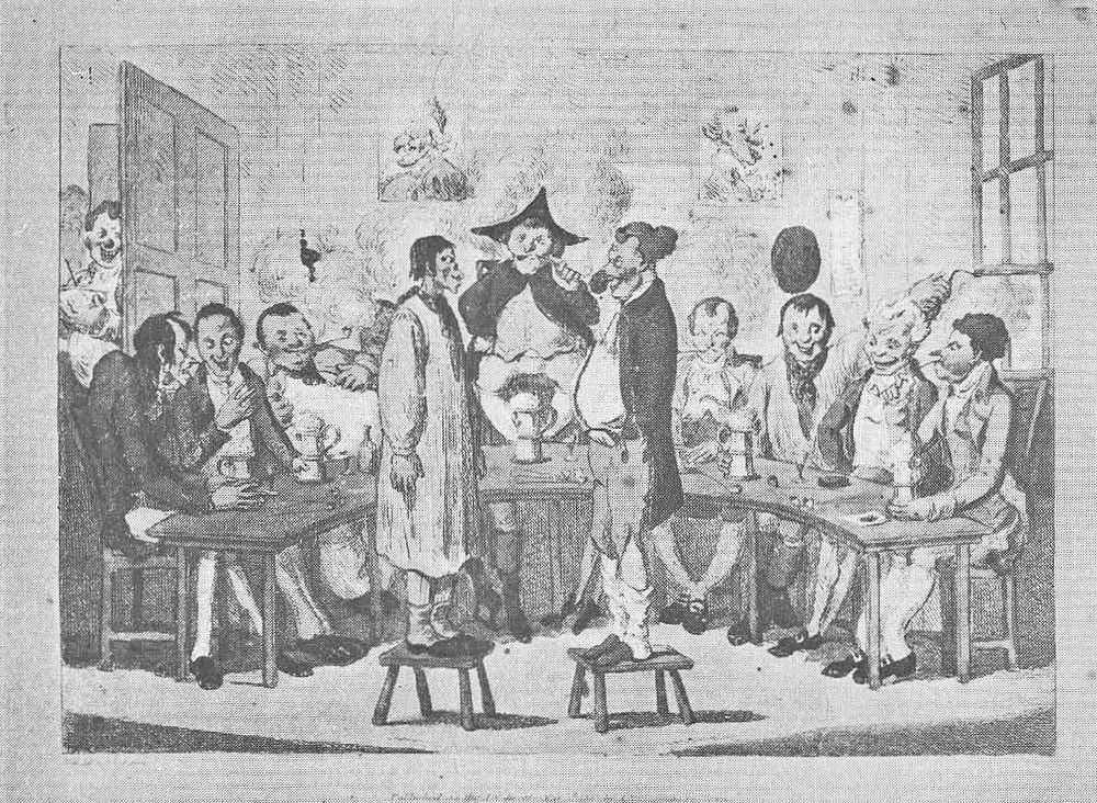 From 1806 advertisement reprinted in 1912 edition of Ye Ugly Face Clubb’s papers. The illustration shows a bunch of ugly people sitting around a table while two ugly square off in an ugly competition. 