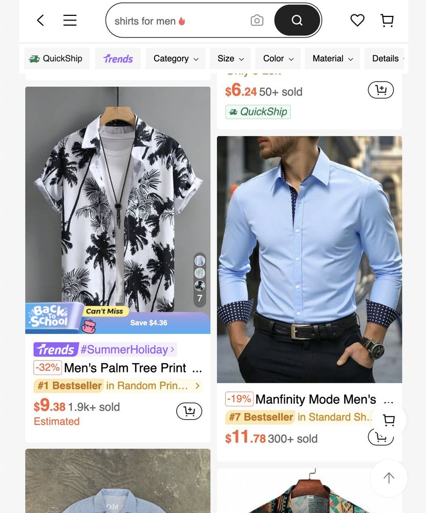 A product page for a bunch of Shein shirts. The prices range from $6.24 to $11.78. 