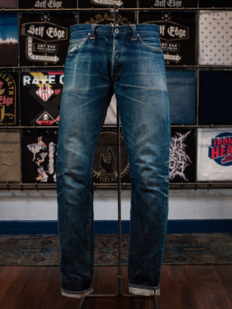 Stevenson Overall Co jeans. They've been faded through natural wear