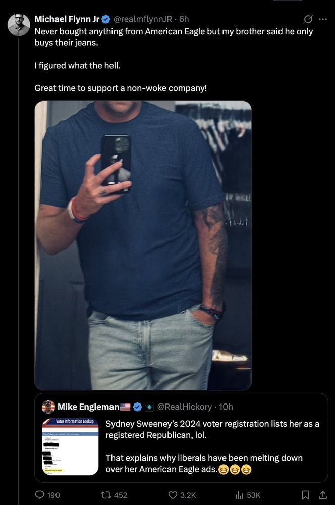 Michael Flynn Jr. posing in a new pair of AE jeans he bought. 