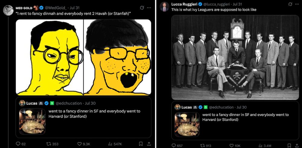 Two quote tweets. The first has a racist drawing of Asian people and it says "I rent to fancy dinnah and everybody rent 2 Havah (or Stanfah)."

The other shows Yale's Skulls and Bones society in the 1940s, where a bunch of White Anglo-Saxon Protestant men in suits are composed for a group photo. An Italian man writes: "This is what Ivy Leaguers are supposed to look like."