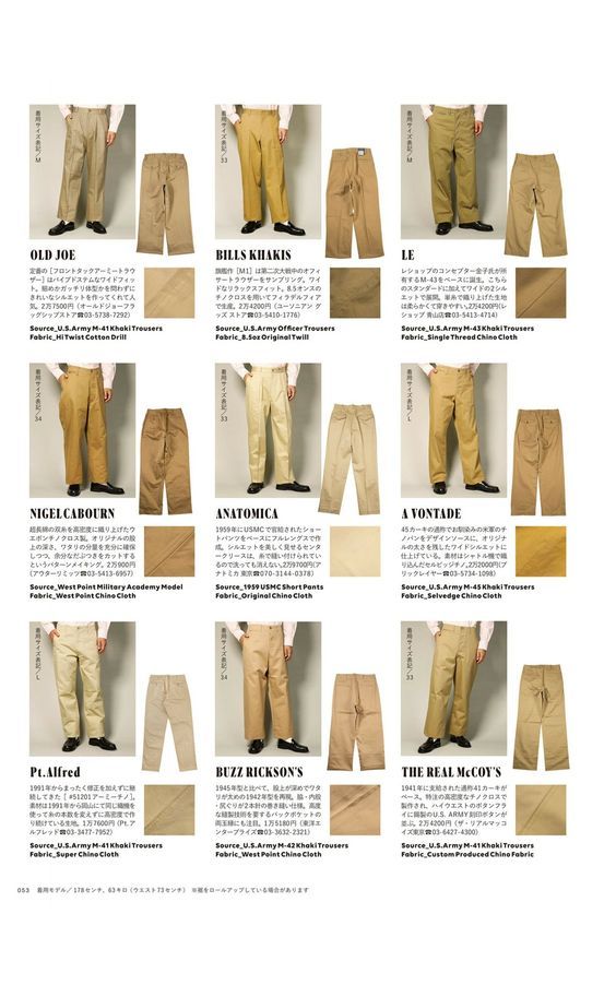 Scan from a Japanese menswear magazine showing the differences between nine pairs of full cut tan chinos. 