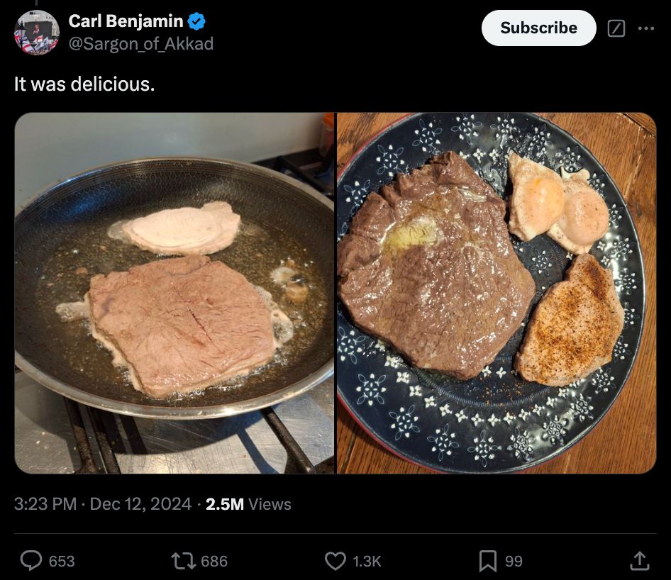 Carl Benjamin tweets: "It was delicious." The tweet shows two photos: one of a steak cooking in a shallow non-stick pan; the other is of the same steak plated. The meat is gray in both images. 