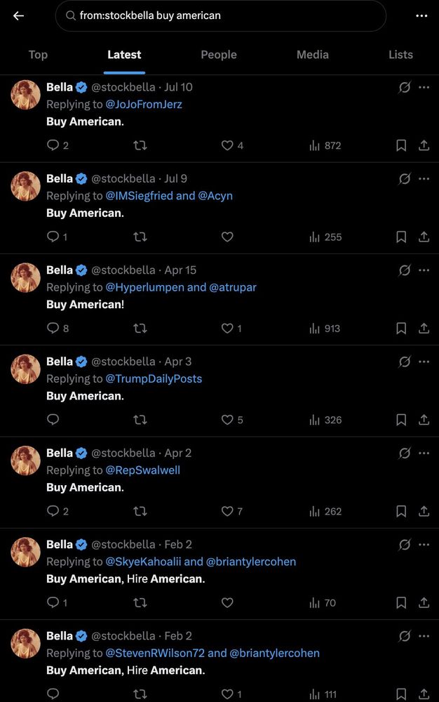 A screenshot showing the same person saying "Buy American" a bunch of times to various people. 