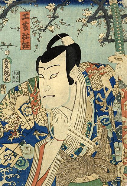 An traditional Japanese woodblock print of an actor. The actor is wearing traditional Japanese clothing. 