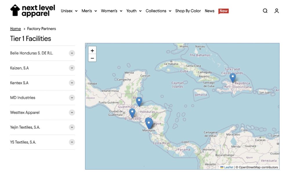A screenshot from Next Level Apparel's website. It shows their manufacturing facilities, which are located in Central America and Haiti. 