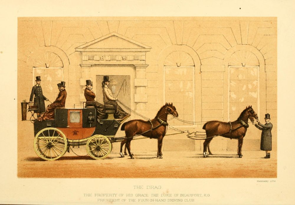 A lithograph shows a group of people sitting on a coach. In front of the coach are some horses. The text reads: 