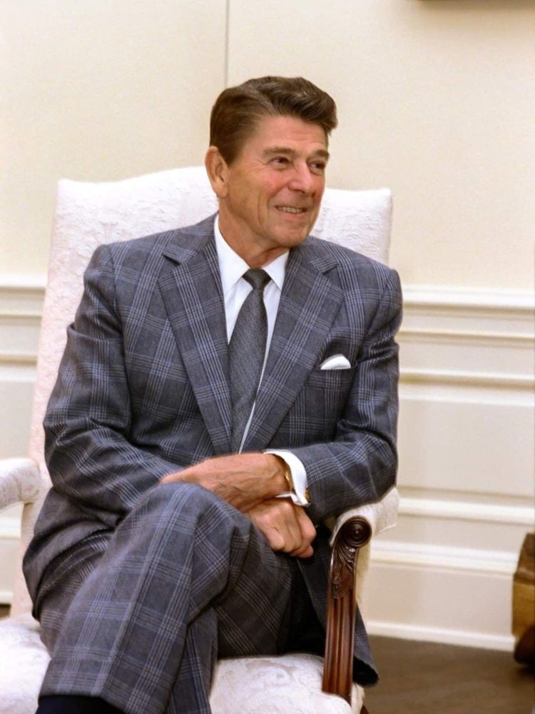 Regan in a grey checked suit, grey striped tie, and a white dress shirt. 