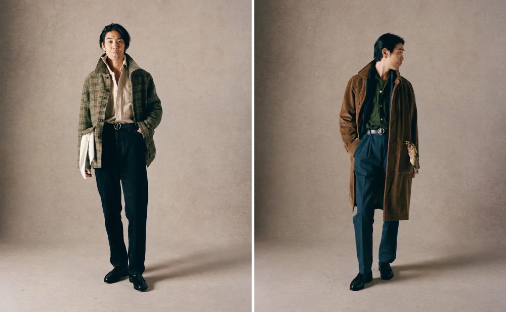 Two photos. The first shows a man wearing a brown checked jacket with a cream shirt and black jeans. The other shows a man in a brown overcoat with a blue suit and green shirt. 