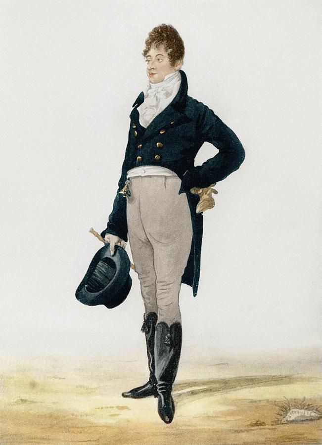A painting of Beau Brummell. He's wearing a navy coat with grey pants, black boots, and a white cravat. 