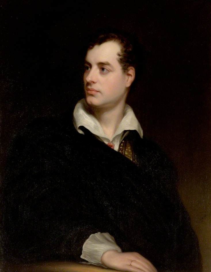 A painting of a young Lord Byron. He has pale, porcelain skin and soft brown curls. He's wearing a white collar top and a dark coat. 