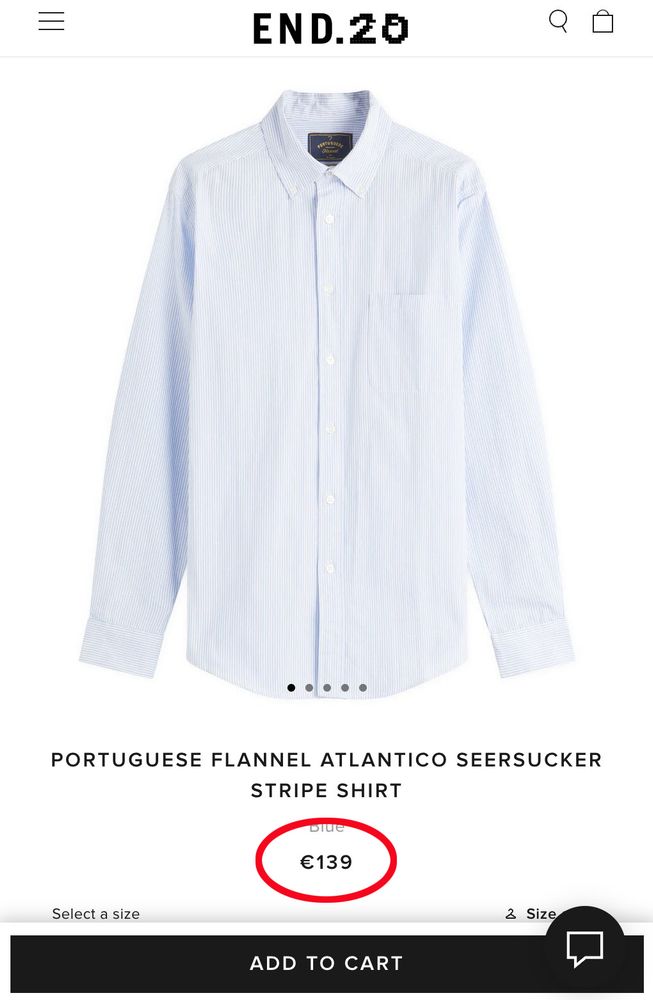 A product page for a Portuguese Flannel shirt. The price is 139 Euros. 