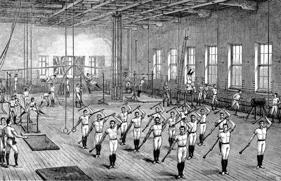 An illustration of people exercising at Eugen Sandow's gym. 