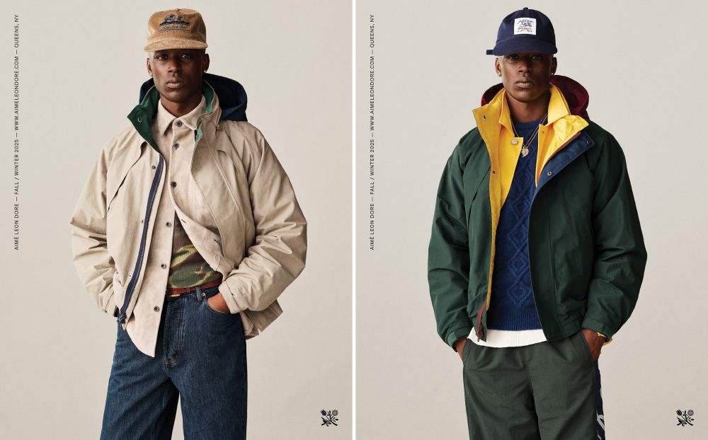 Two photos showing different outfits on the same model. The first shows a tan technical jacket over a cream chamois shirt and blue jeans. The second shows a green technical jacket over a navy cable knit. 