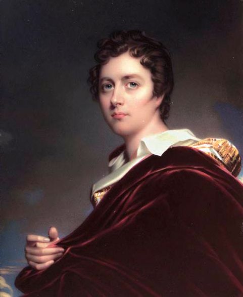 A painting of a young Lord Byron. He's very feminine and angelic looking. He has pale, porcelain skin and soft brown curls. He's wearing a burgundy velvet robe. 