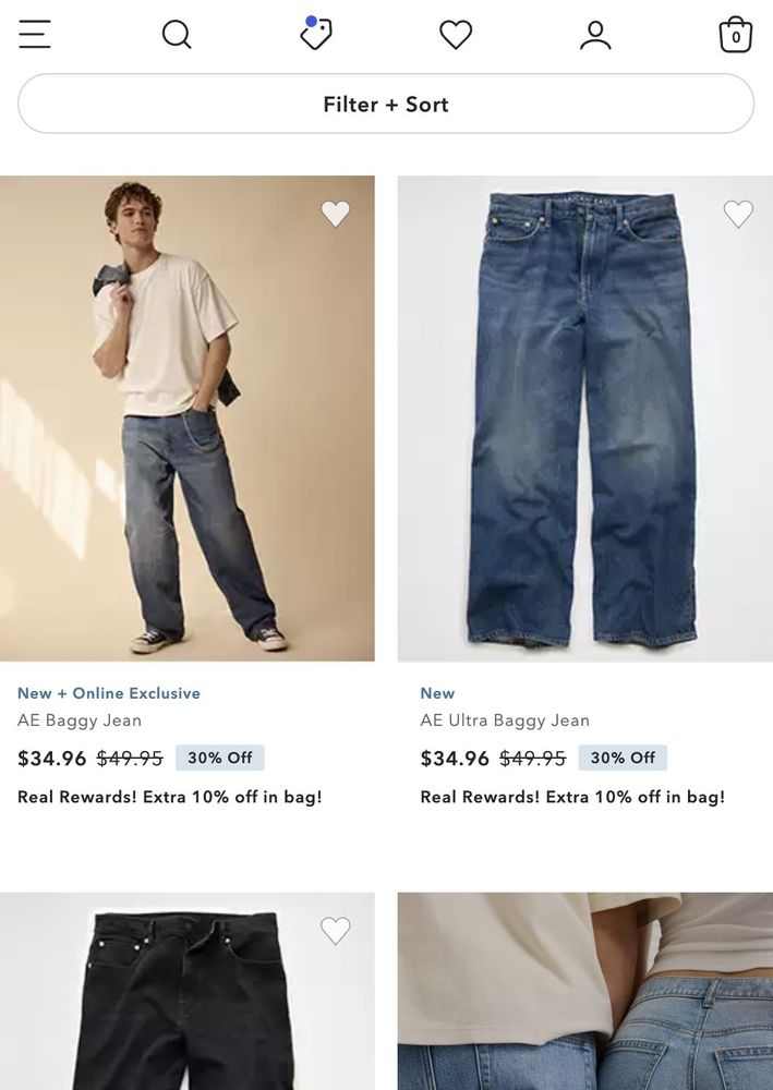 A screenshot of American Eagle's mens jeans. They retail for $50 but have been discounted to $35. These are cotton-poly blended stretch jeans in various cuts, colors, and washes. 