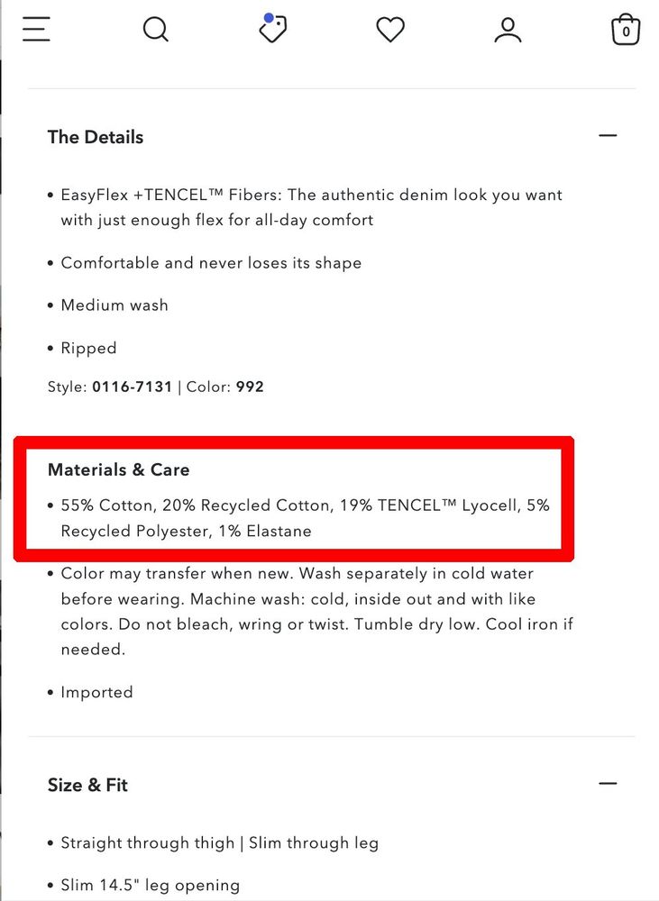 American Eagle jeans product page. Shows they use sythethic blends. 