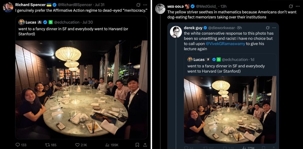 Two quote tweets. The first is from Richard Spencer, which reads: "I genuinely prefer the Affirmative Action regime to dead-eyed “meritocracy.”"

The other reads: "The yellow striver seethes in mathematics because Americans don’t want dog-eating fact memorizers taking over their institutions"