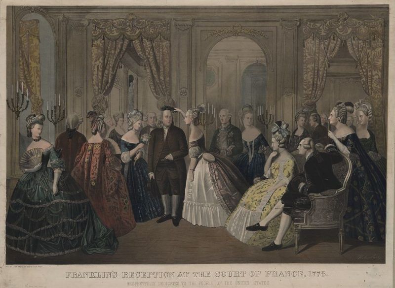 Franklin being received by the French court in 1778. The French are in powdered wigs. 