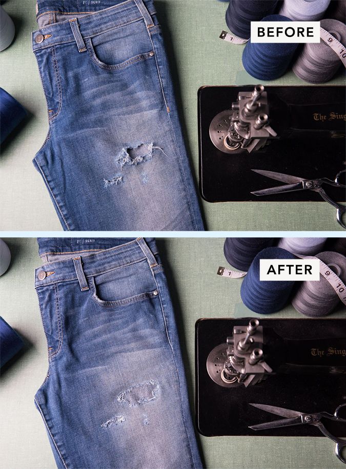 A pair of jeans that have been patched. 