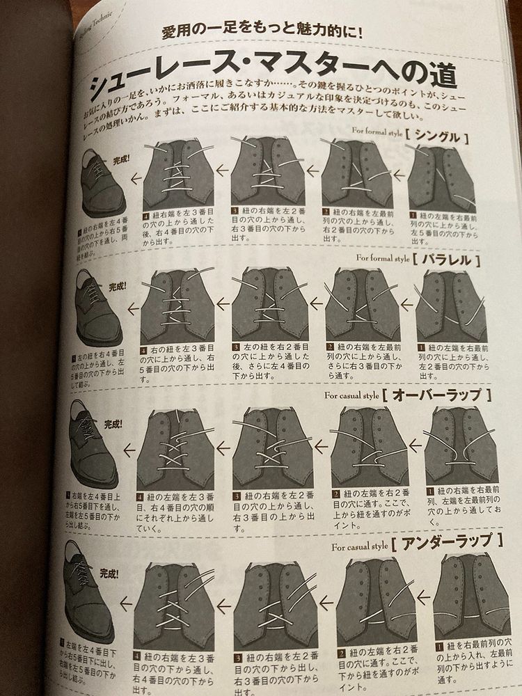 A page from inside the book. It shows different ways to lace shoes.