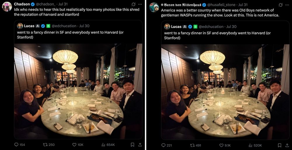 Two quote tweets. The first reads: "Idk who needs to hear this but realistically too many photos like this shred the reputation of harvard and stanford"

The second reads: "America was a better country when there was Old Boys network of gentleman WASPs running the show. Look at this. This is not America."