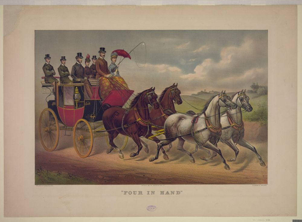 A lithograph of some people drag racing. The text says 