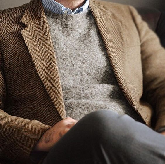 A tweed jacket with grey whipcord trousers, grey brushed Shetland, blue-white striped oxford button-down. 