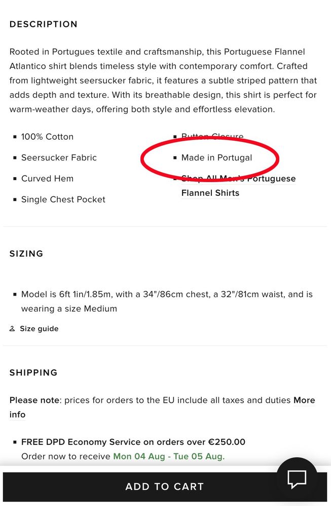 The details for the Portuguese Flannel shirt. A line says that the shirt is made in Portugal. 