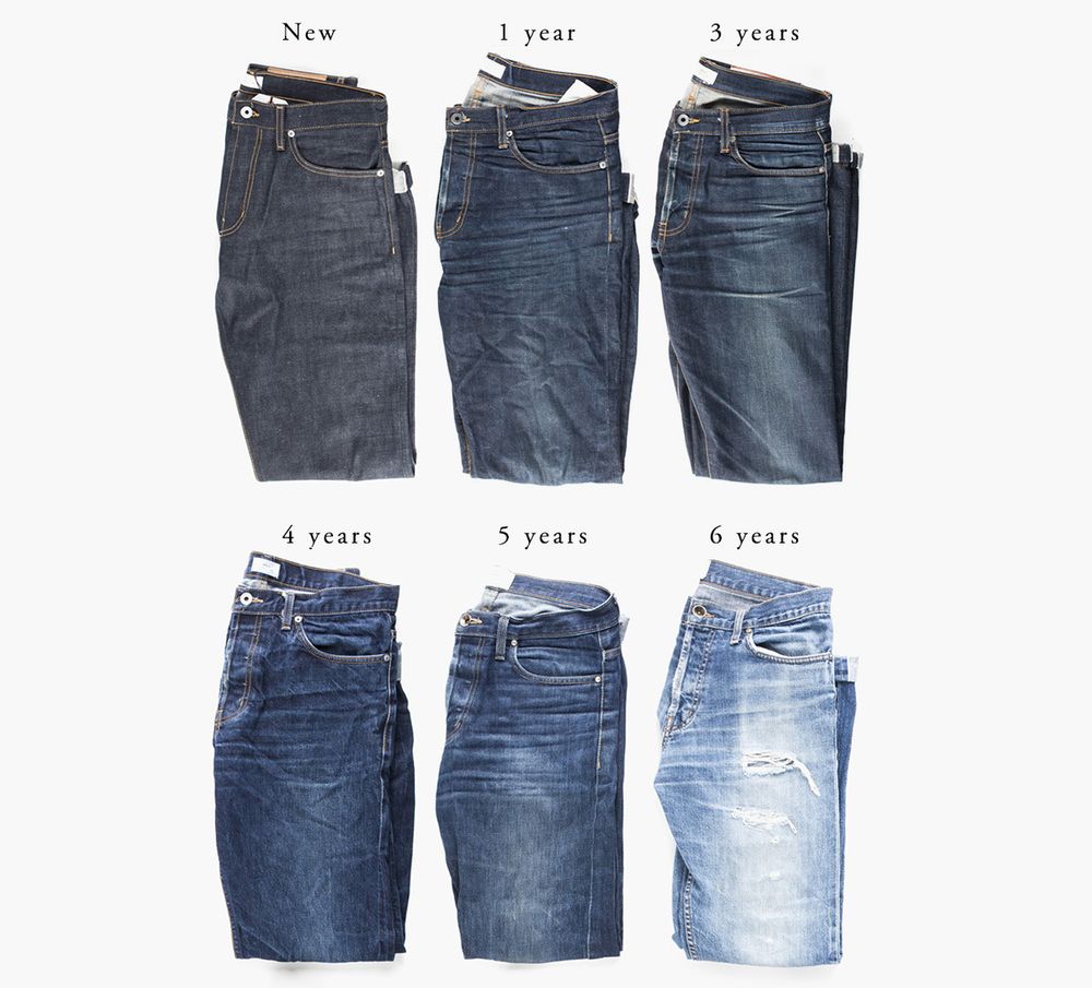 A photo showing how raw denim jeans fade over six years. 