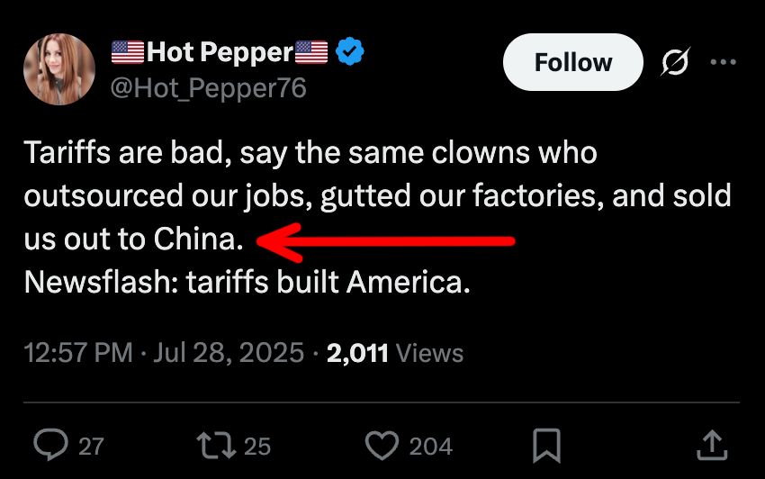 In a separate tweet, she complains about how people outsourced American jobs and sold us out to China. 