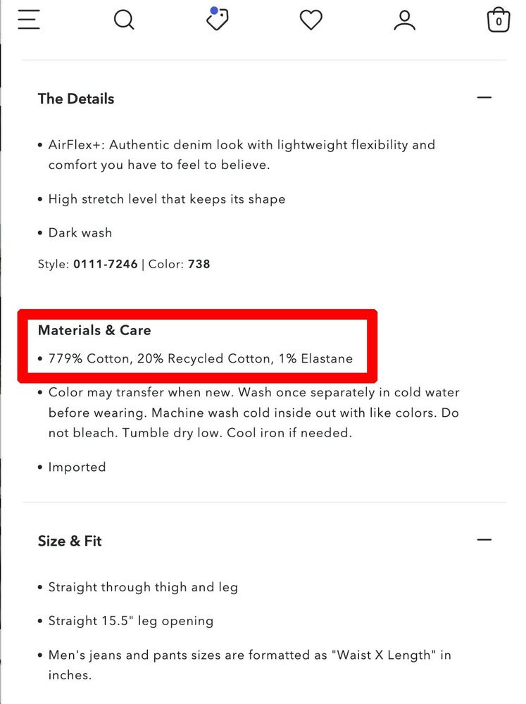 American Eagle jeans product page. Shows they use sythethic blends. 