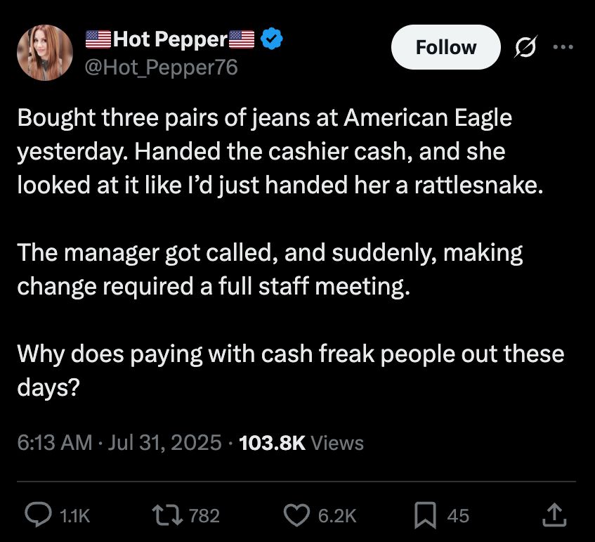 A woman on Twitter talks about how she bought three pairs of AE jeans. 