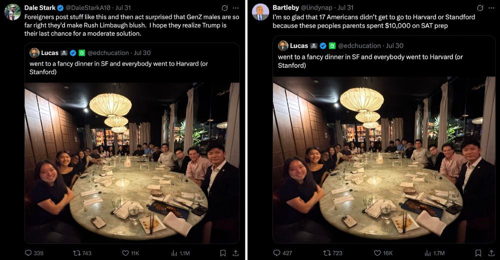 Two quote tweets. The first reads: "Foreigners post stuff like this and then act surprised that GenZ males are so far right they'd make Rush Limbaugh blush.  I hope they realize Trump is their last chance for a moderate solution."

The other reads: "I’m so glad that 17 Americans didn’t get to go to Harvard or Standford because these peoples parents spent $10,000 on SAT prep"