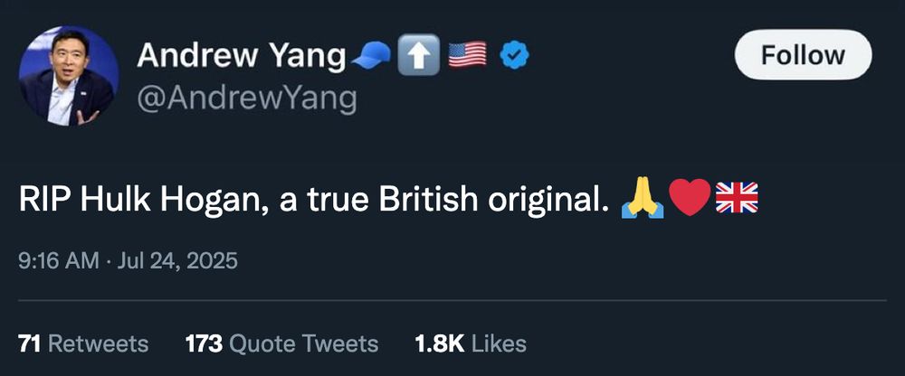 Andrew Yang tweets: "RIP Hulk Hogan, a true British original. :praying hands emoji: :heart emoji: :British flag emoji:"