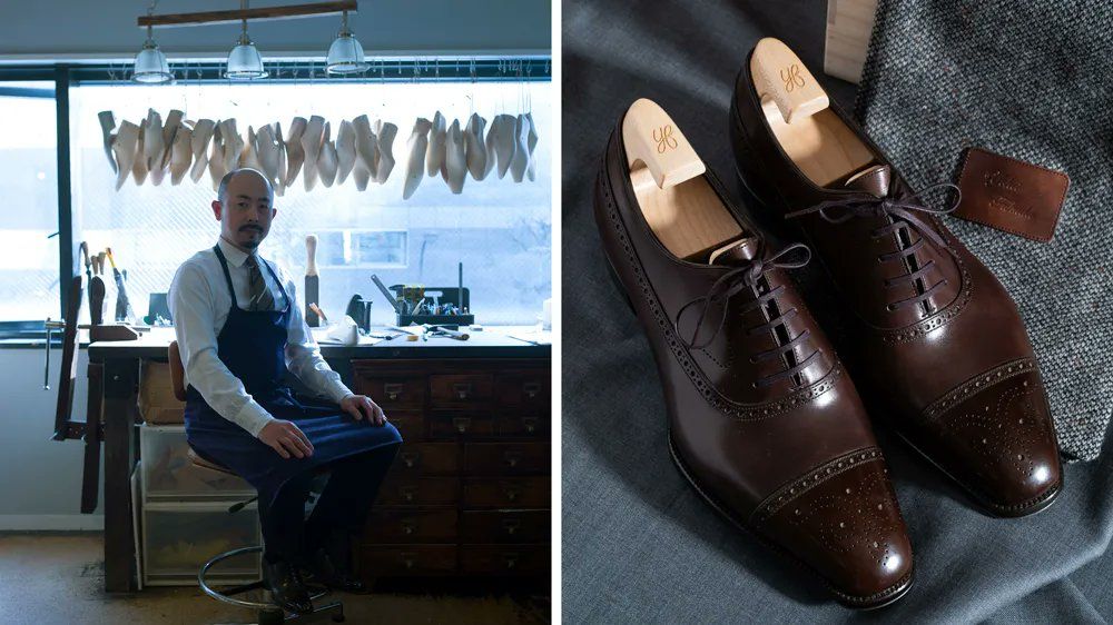 A Japanese bespoke shoemaker and a pair of brown shoes he made. 