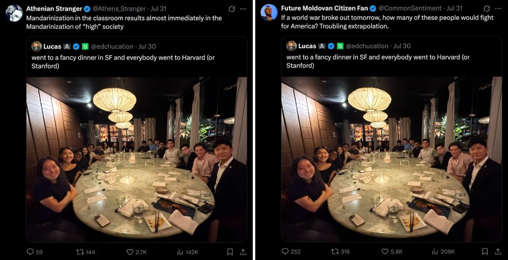 Two quote tweets. The first reads: "Mandarinization in the classroom results almost immediately in the Mandarinization of “high” society"

The second reads: "If a world war broke out tomorrow, how many of these people would fight for America? Troubling extrapolation."