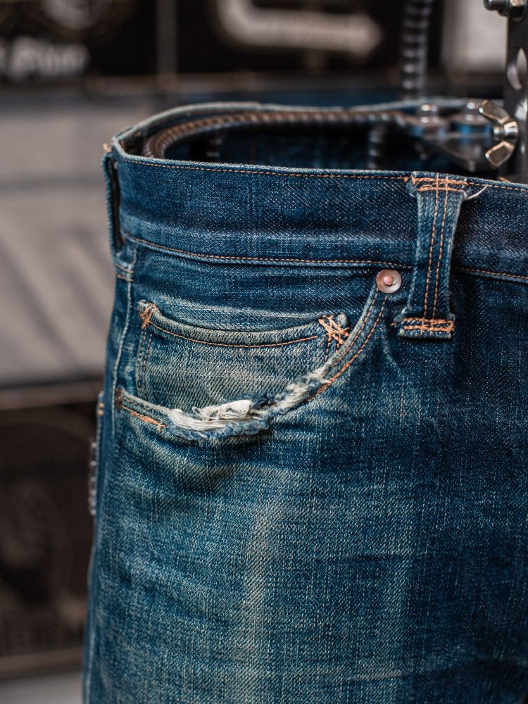 Stevenson Overall Co jeans. They've been faded through natural wear