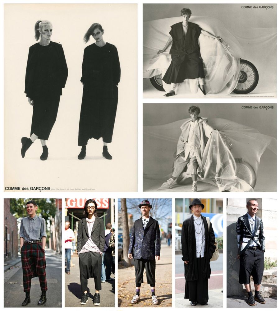 Some looks from Comme des Garcons. They people in the photos are wearing clothes in unusual silhouettes and proportions. 