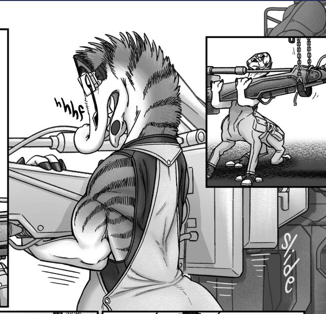 Talita from Runaway To The Stars (alien centaur creature with feathers, a trunk like an elephant, tusks, and cute glasses) lifting a big machine thing and being very buff and cool and stuff